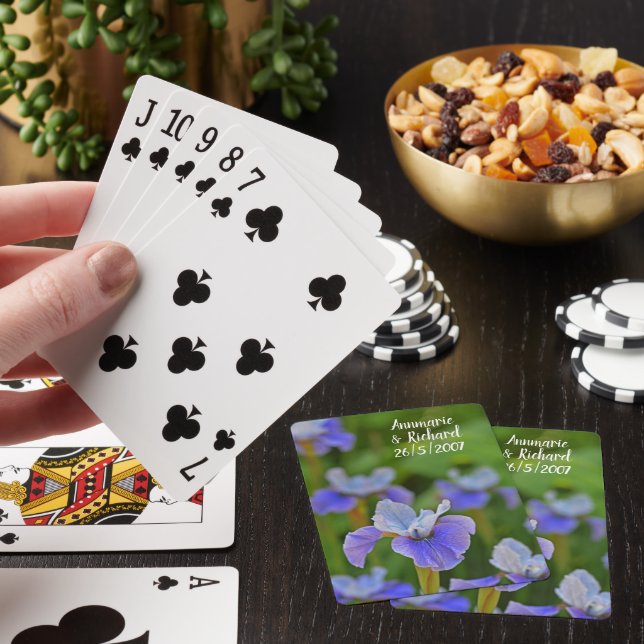Blue Iris Flower Portrait Anniversary Date Playing Cards (In Situ)