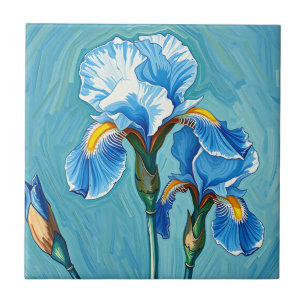 Blue Iris Flowers Artistic Pattern Ceramic Tile