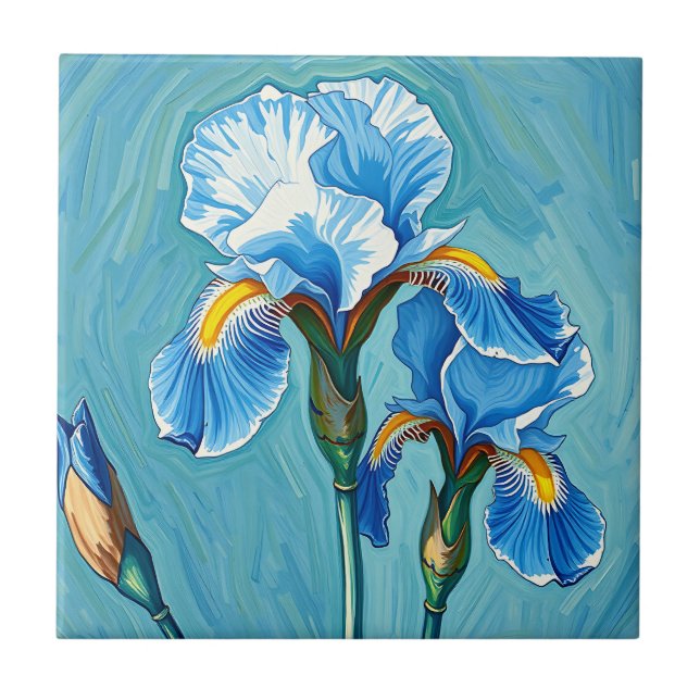 Blue Iris Flowers Artistic Pattern Ceramic Tile (Front)