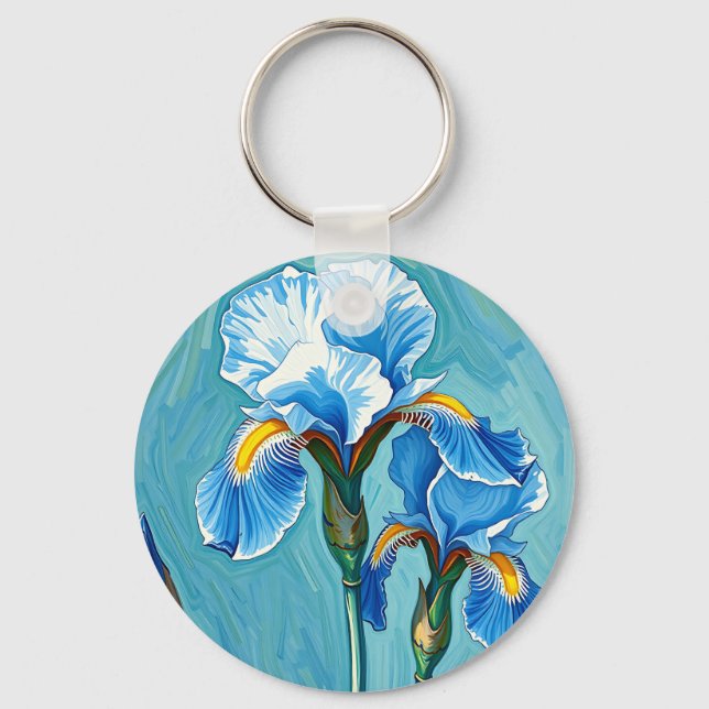 Blue Iris Flowers Artistic Pattern Key Ring (Front)