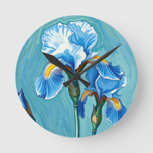 Blue Iris Flowers Artistic Pattern Round Clock
