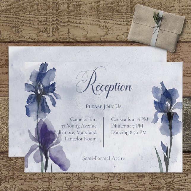 Blue Iris Flowers Blue Modern Reception Card (Creator Uploaded)