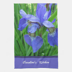 blue iris flowers custom personalise kitchen tower tea towel