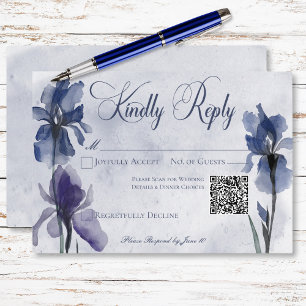Blue Iris Flowers Modern Blue Wedding QR Code RSVP Card