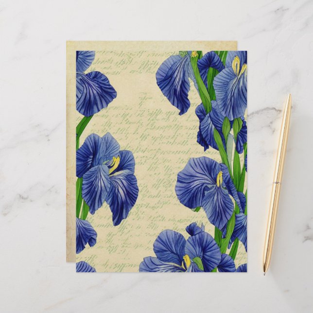 Blue Iris flowers vintage ephemera pattern Custom Letterhead (Front/Back In Situ)