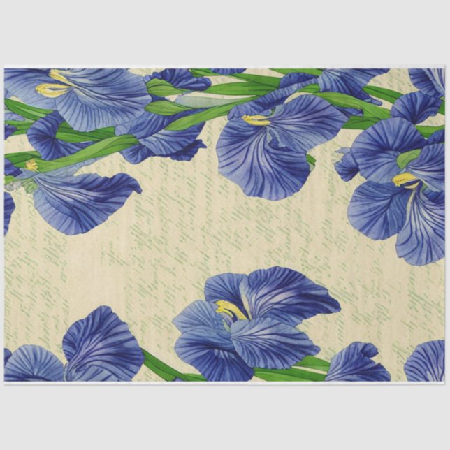 Blue iris flowers vintage ephemera pattern tissue paper (Front)