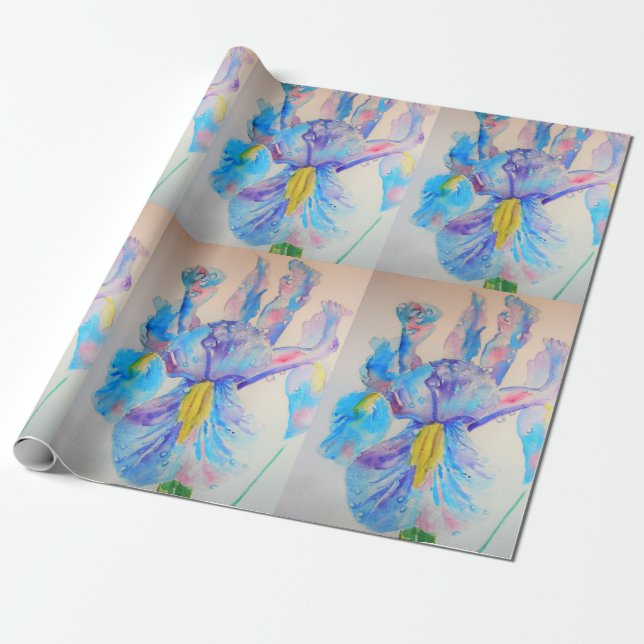 Blue Iris irises art flowers Watercolor Wrapping Paper (Unrolled)