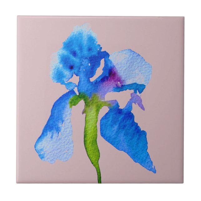 Blue Iris modern floral watercolour art Ceramic Tile (Front)