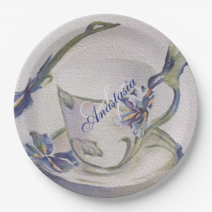 BLUE IRIS TEACUP MONOGRAM PARTY PAPER PLATE