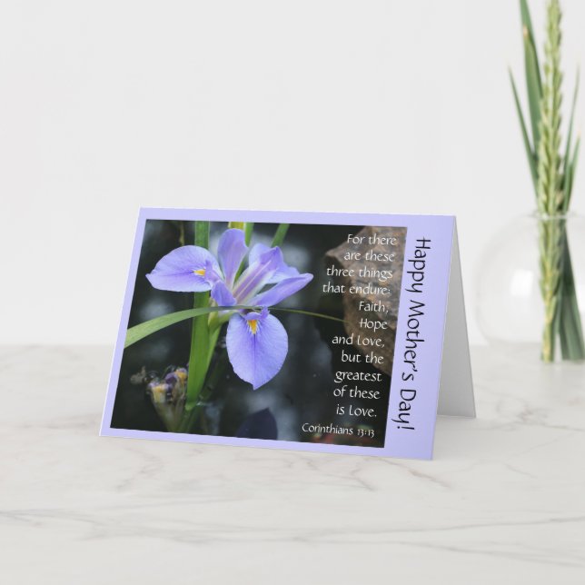 Blue Iris w Verse on Love, Mother's Day Card (Front)