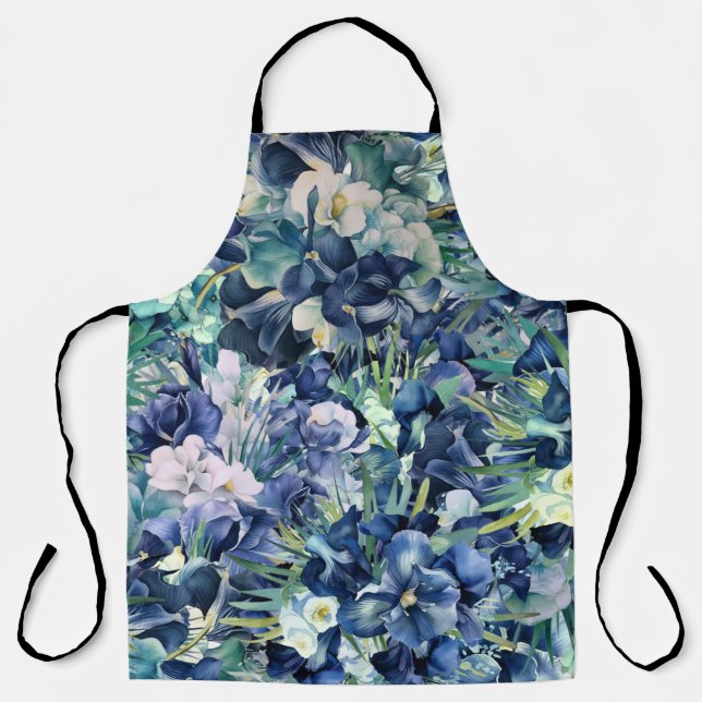  Blue Iris Watercolor Background Pattern Apron (Front)