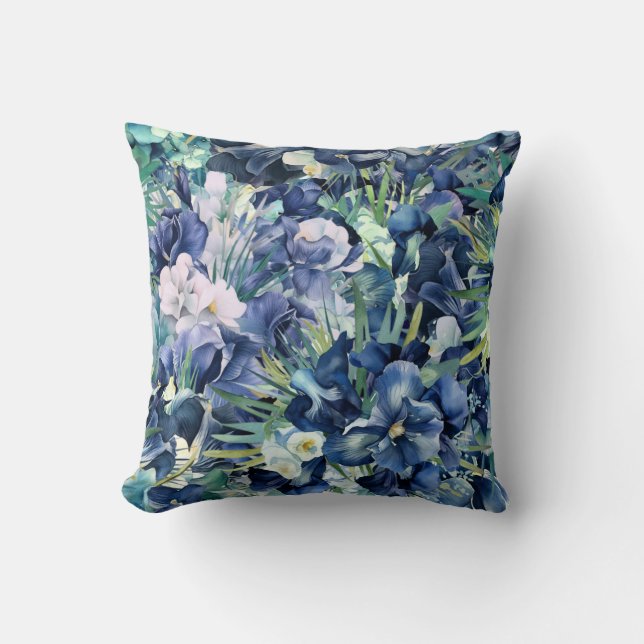  Blue Iris Watercolor Background Pattern Cushion (Front)