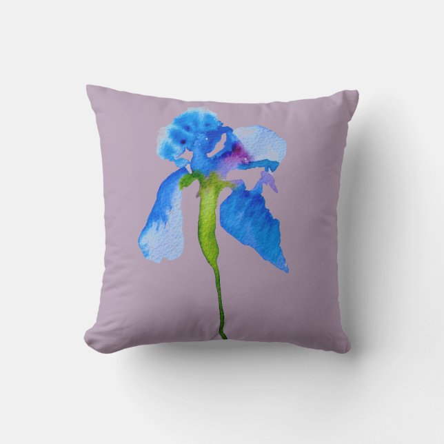 Blue Iris watercolour floral large flowers Cushion (Front)