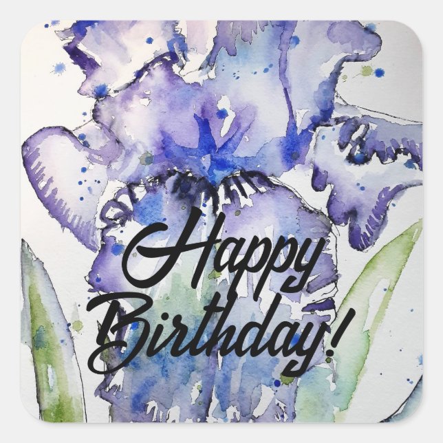 Blue Iris Watercolour Happy Birthday Balloon Square Sticker (Front)