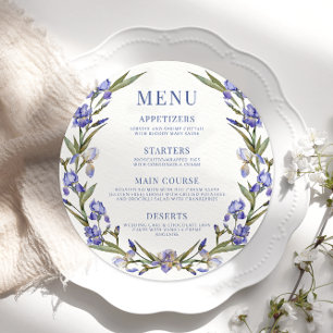 Blue irise floral wreath round Menu Card Plate