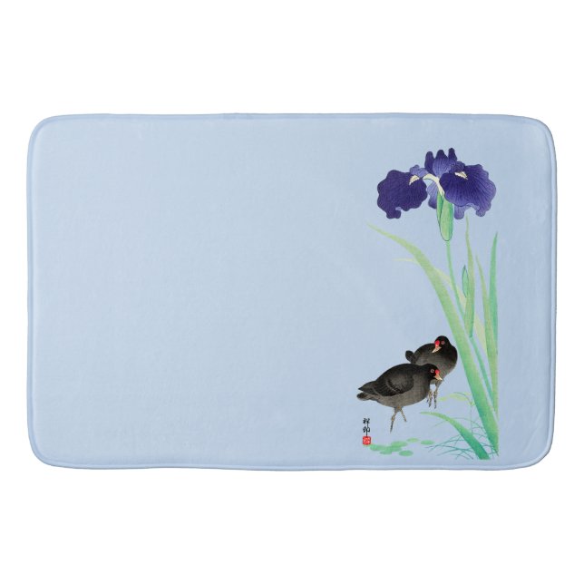 Blue Irises and Moorhens by Ohara Koson Bath Mat (Front)