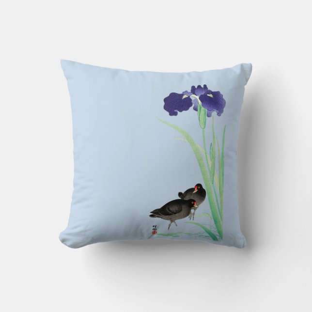 Blue Irises and Moorhens by Ohara Koson Cushion (Front)