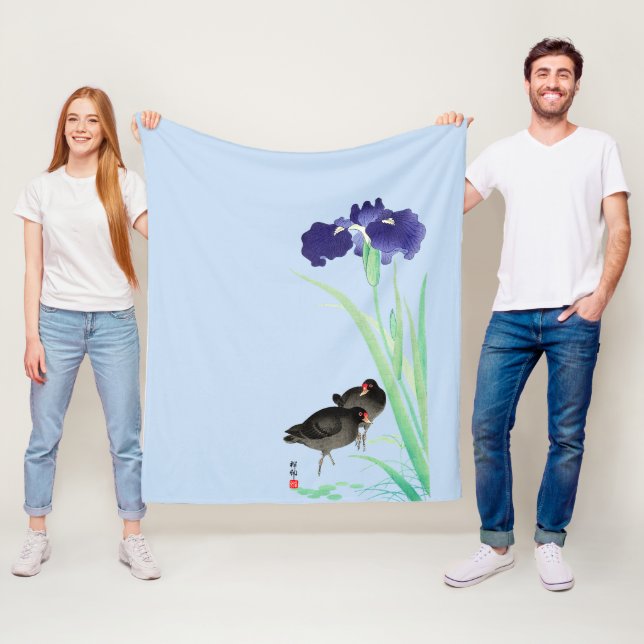 Blue Irises and Moorhens by Ohara Koson Fleece Blanket (In Situ)