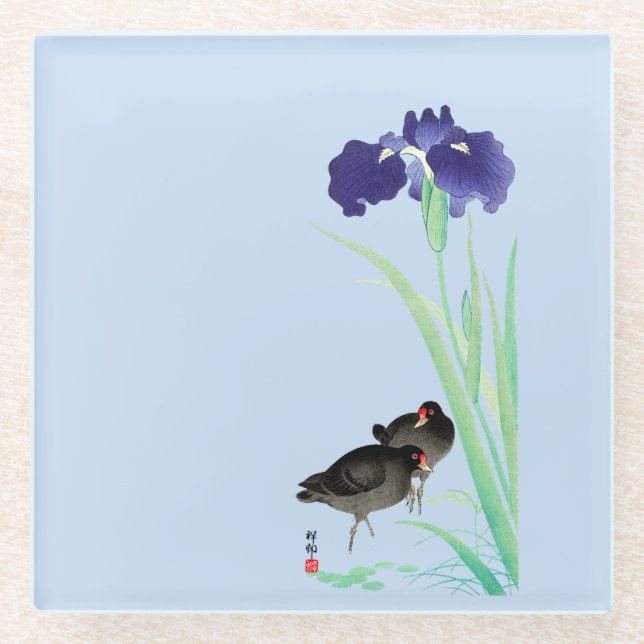 Blue Irises and Moorhens by Ohara Koson Glass Coaster (Front)