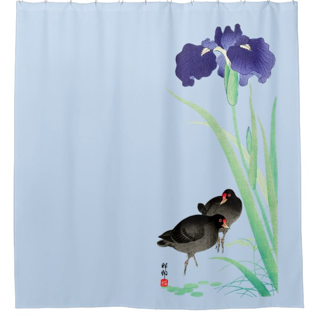 Blue Irises and Moorhens by Ohara Koson Shower Curtain (Front)