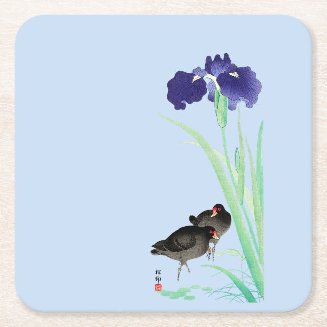 Blue Irises and Moorhens by Ohara Koson Square Paper Coaster (Front)