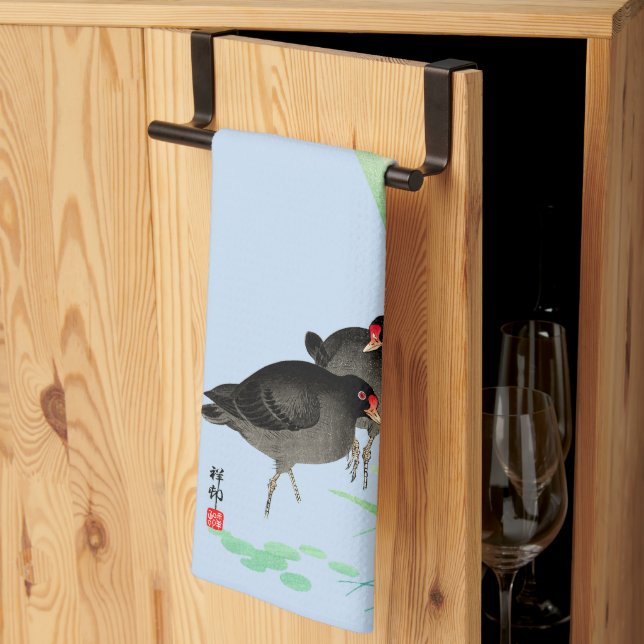 Blue Irises and Moorhens by Ohara Koson Tea Towel (Thirds Fold)