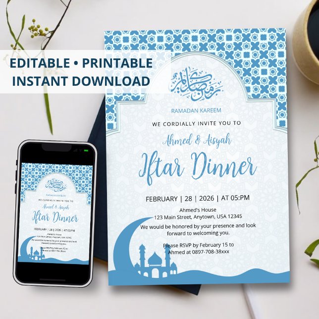 Blue Islamic Pattern Iftar Dinner Invitation (Creator Uploaded)
