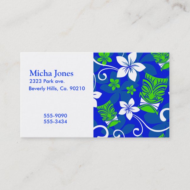 Blue Island Floral Tiki Masks Business Card (Front)
