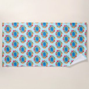 Blue Island Tropical Sea Turtles Floral Beach Towel