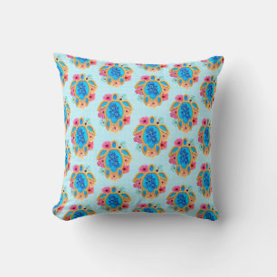 Blue Island Tropical Sea Turtles Floral Cushion