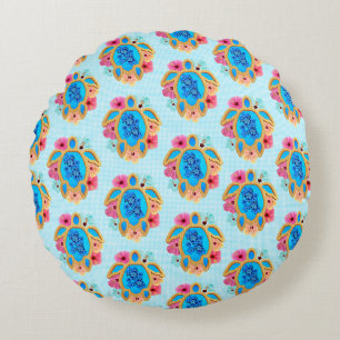 Blue Island Tropical Sea Turtles Floral Round Cushion