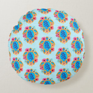 Blue Island Tropical Sea Turtles Floral Round Cushion