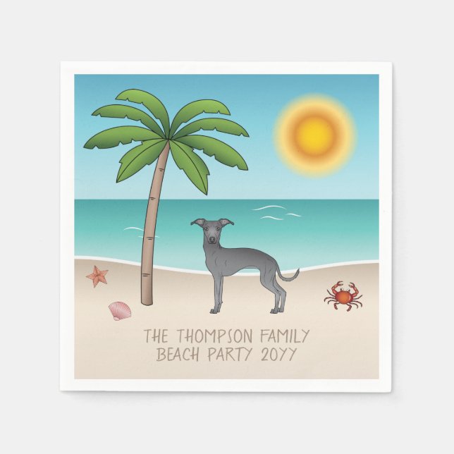 Blue Italian Greyhound At Tropical Summer Beach Napkin (Front)