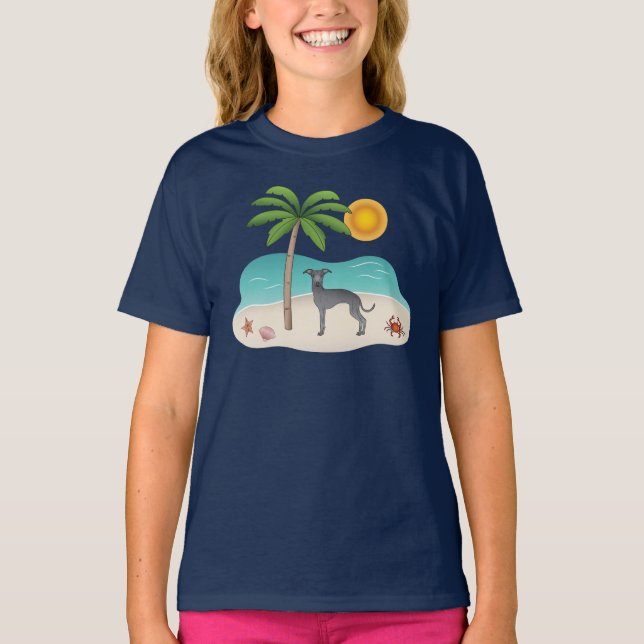 Blue Italian Greyhound At Tropical Summer Beach T-Shirt (Front)