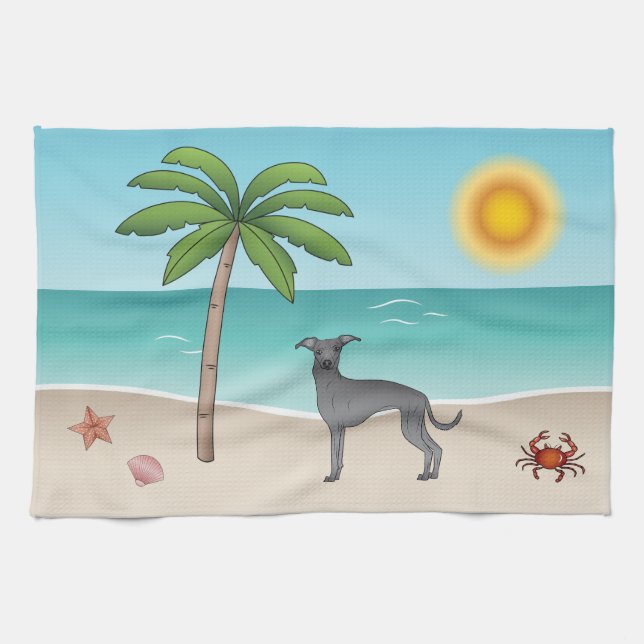 Blue Italian Greyhound At Tropical Summer Beach Tea Towel (Horizontal)