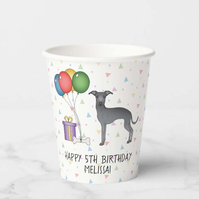 Blue Italian Greyhound Cute Dog - Happy Birthday Paper Cups (Front)
