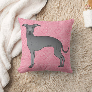 Blue Italian Greyhound Cute Dog On Pink Hearts Cushion