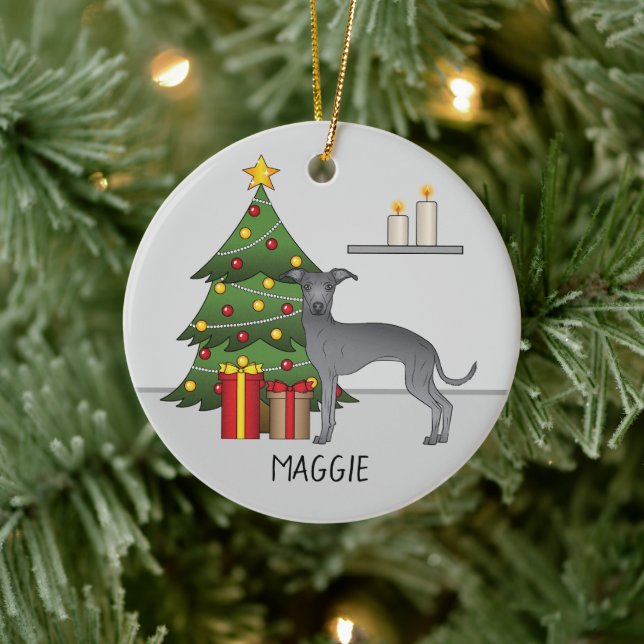 Blue Italian Greyhound Dog With A Christmas Tree Ceramic Ornament (Tree)