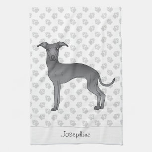 Blue Italian Greyhound With Custom Name Tea Towel
