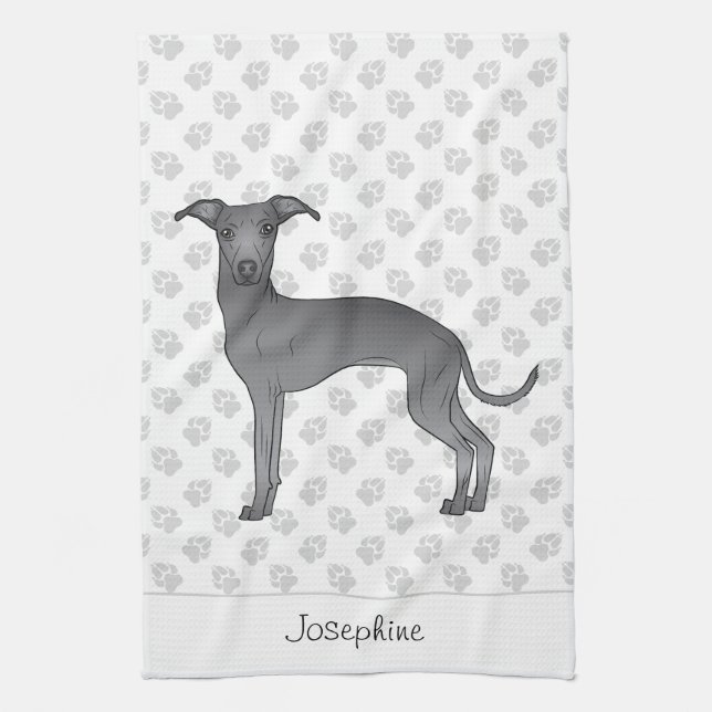Blue Italian Greyhound With Custom Name Tea Towel (Vertical)