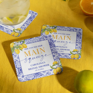 Blue Italian Lemon Main Squeeze Bridal Shower Square Paper Coaster