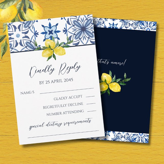 Blue Italian Lemon Mediterranean Wedding RSVP Card (Creator Uploaded)