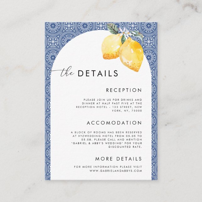 Blue Italian Spanish Tile Lemons Wedding Details   Enclosure Card (Front)