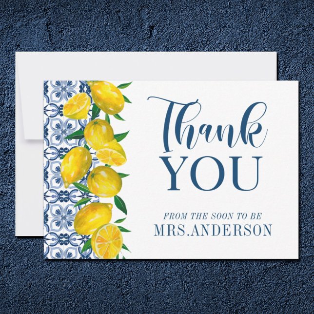 Blue Italian Tile Lemon Bridal Shower Thank You (Creator Uploaded)