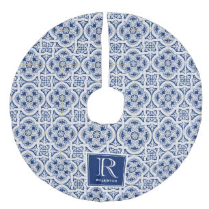 Blue Italian Tile Pattern, Monogram Faux Linen Tree Skirt