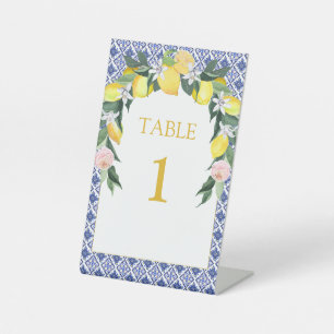 Blue Italian Tiles Lemon Bridal Shower Table Top  Pedestal Sign