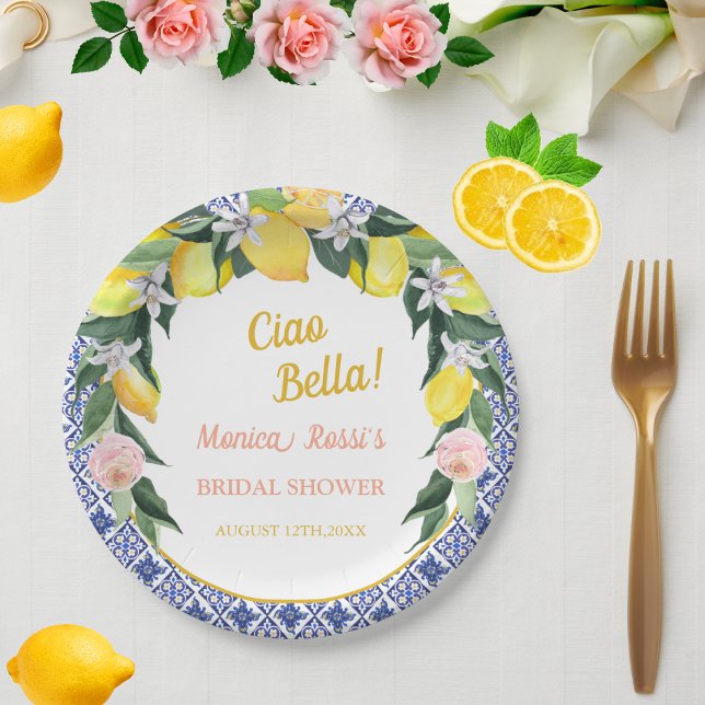 Blue Italian Tiles Lemon Ciao Bella Bridal Shower  Paper Plate (Creator Uploaded)