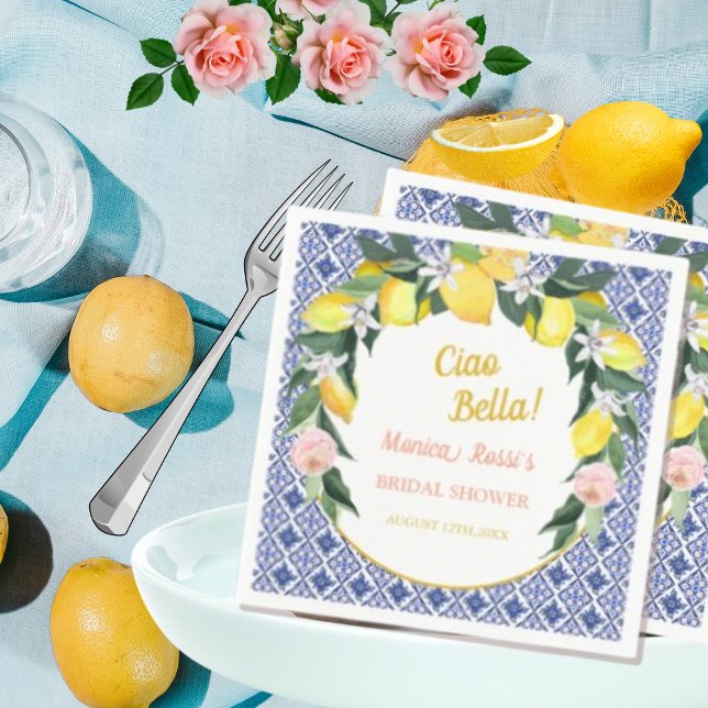 Blue Italian Tiles Lemons Ciao Bella Bridal Shower Napkin (Creator Uploaded)