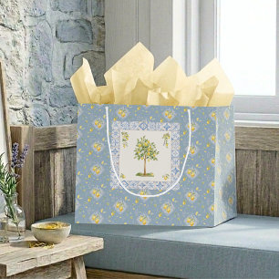 Blue Italian Watercolor Lemon Tree Tile Pattern Large Gift Bag