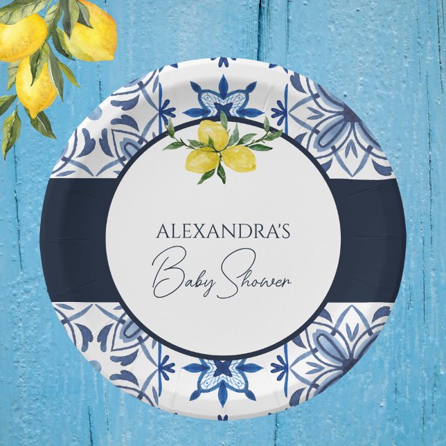 Blue Italian Yellow Lemon Baby Shower  Paper Plate (Creator Uploaded)